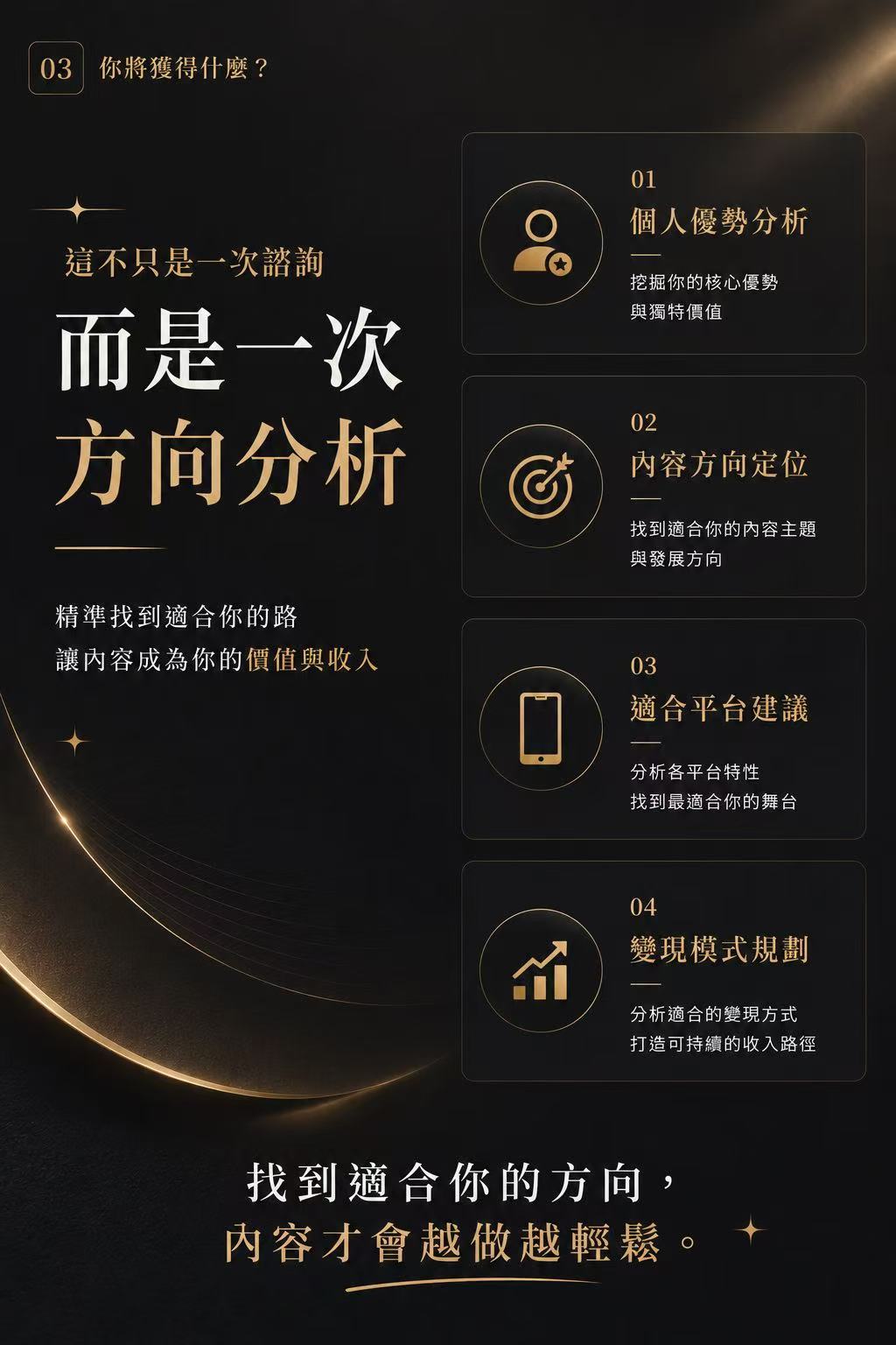 你將獲得什麼 · 個人優勢分析 / 內容方向定位 / 適合平台建議 / 變現模式規劃